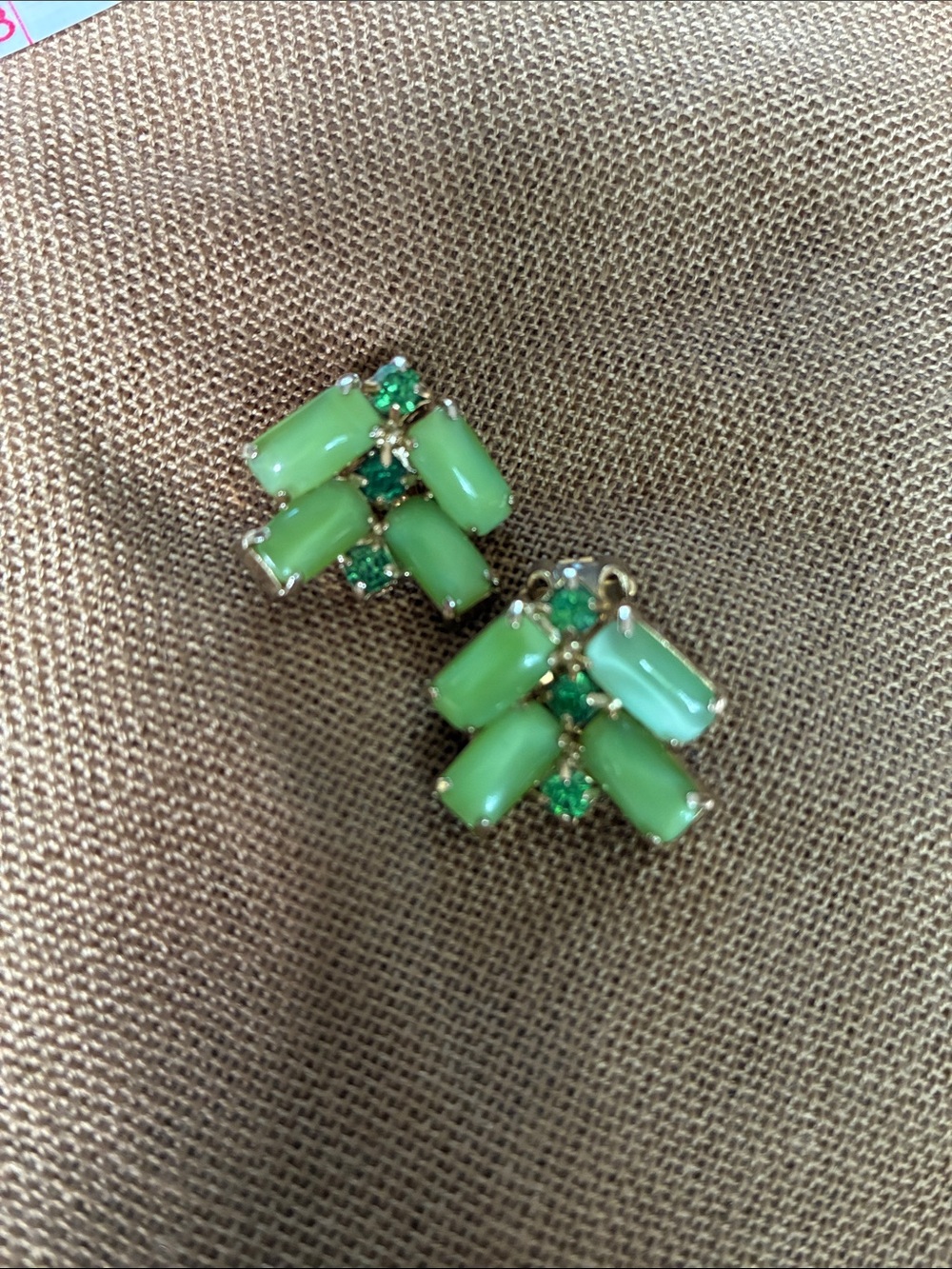 Vintage Mid-Century Green Cluster Stone Stud Earrings Clip on